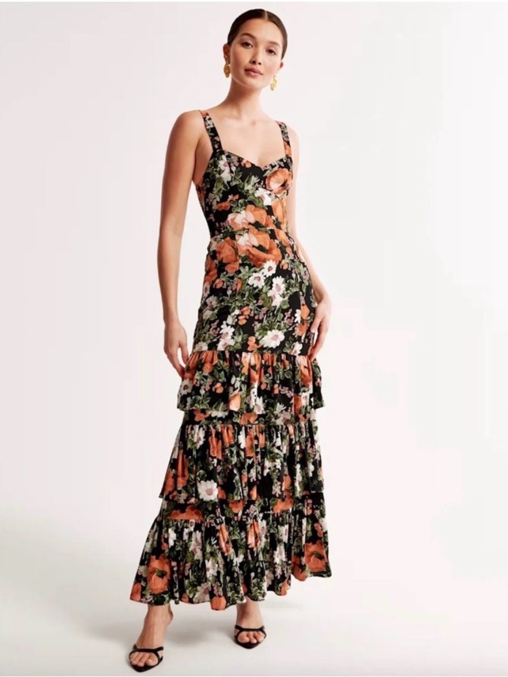 Abercrombie & Fitch Black Floral Ruffle Hem Tiered Dress